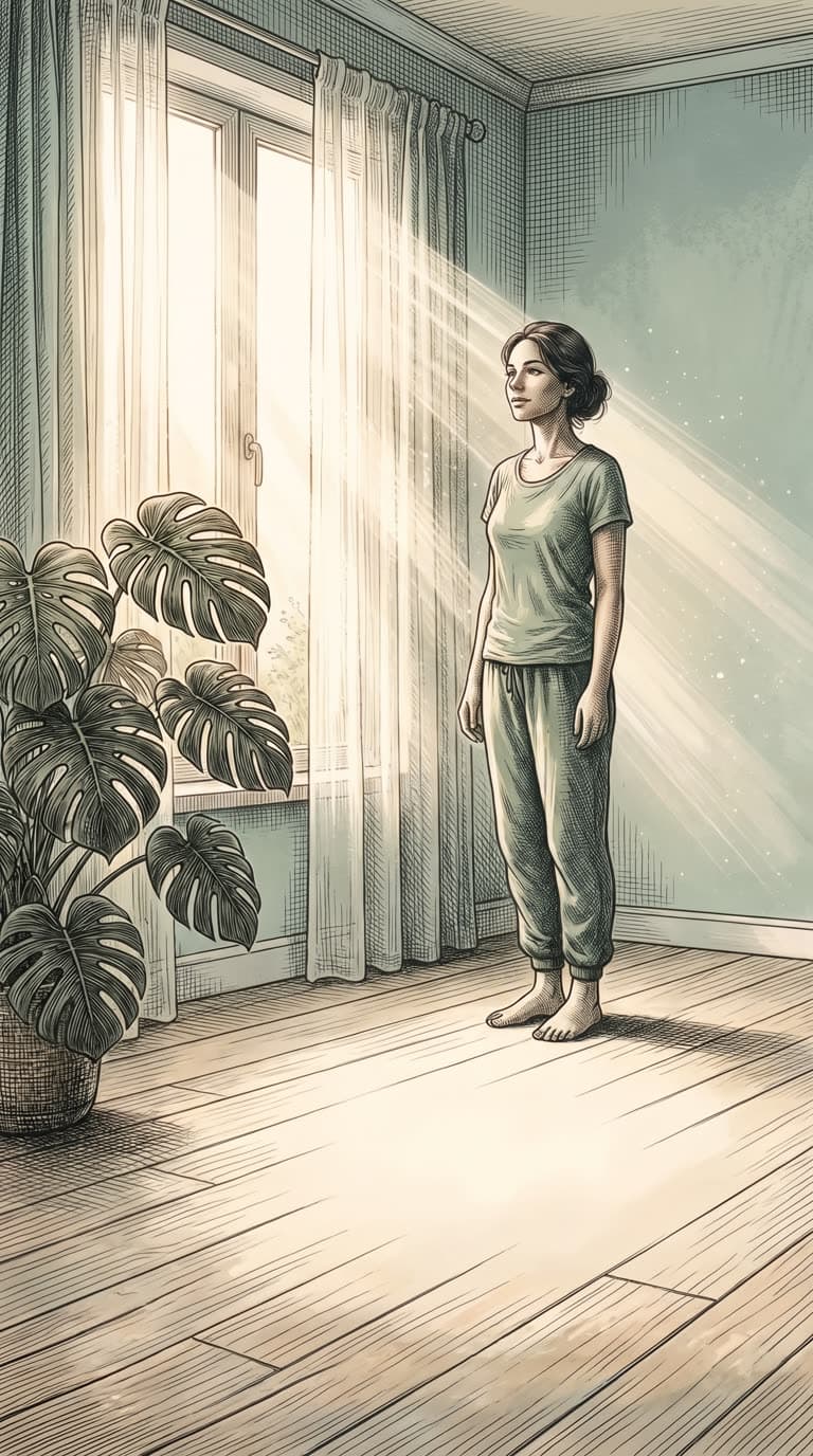 A person standing calmly in soft morning light beside a monstera plant